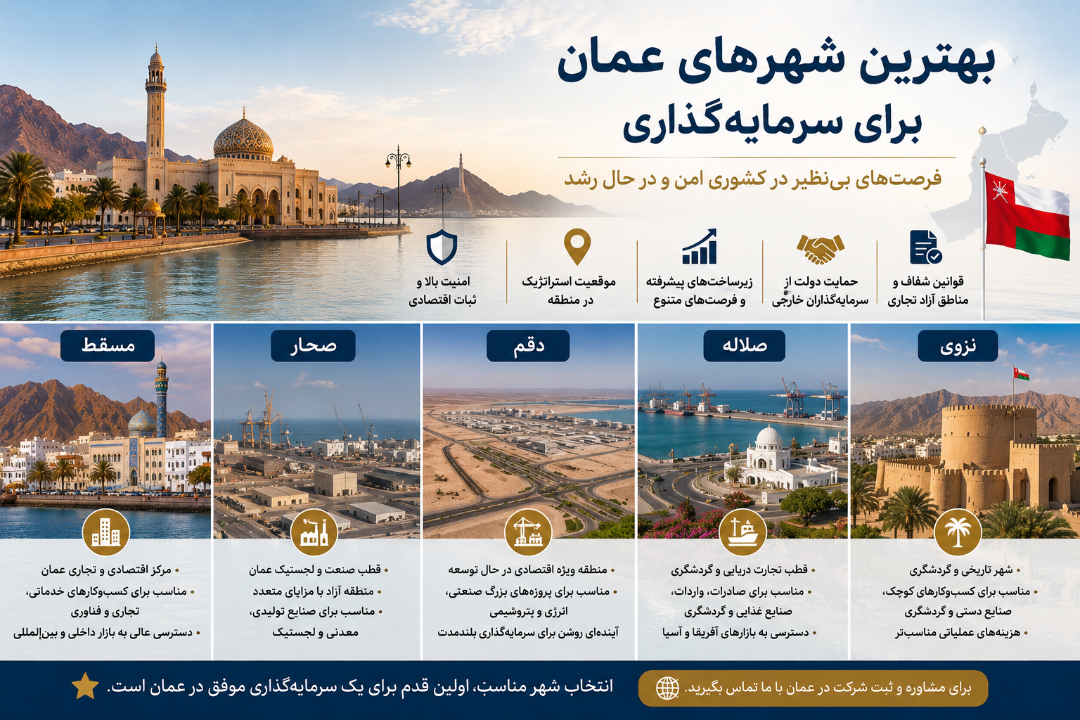 بهترین شهرهای عمان برای سرمایه‌گذاری | راهنمای انتخاب بهترین مقصد سرمایه‌گذاری در عمان